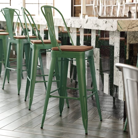 Flash Furniture 30" Green Metal Counter Stool-Teak Poly Seat CH-31320-30GB-GN-PL2T-GG